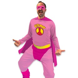 Ce déguisement de biteman rose pour adulte comprend une tunique, une cape, une ceinture et un masque.