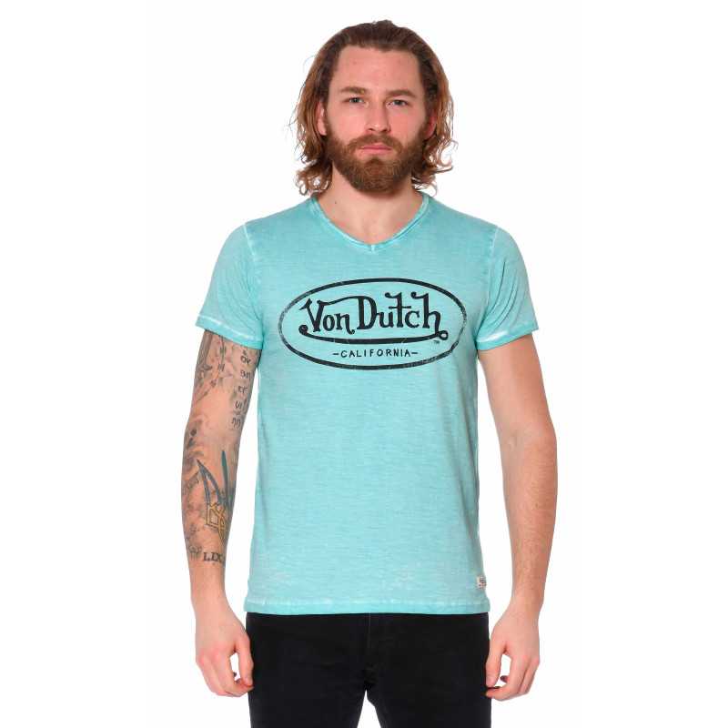 T-Shirt Bleu Homme Von Dutch Col V Look Vintage Homme