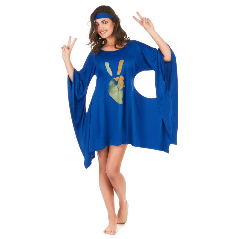 Déguisement robe hippie bleue peace & love femme