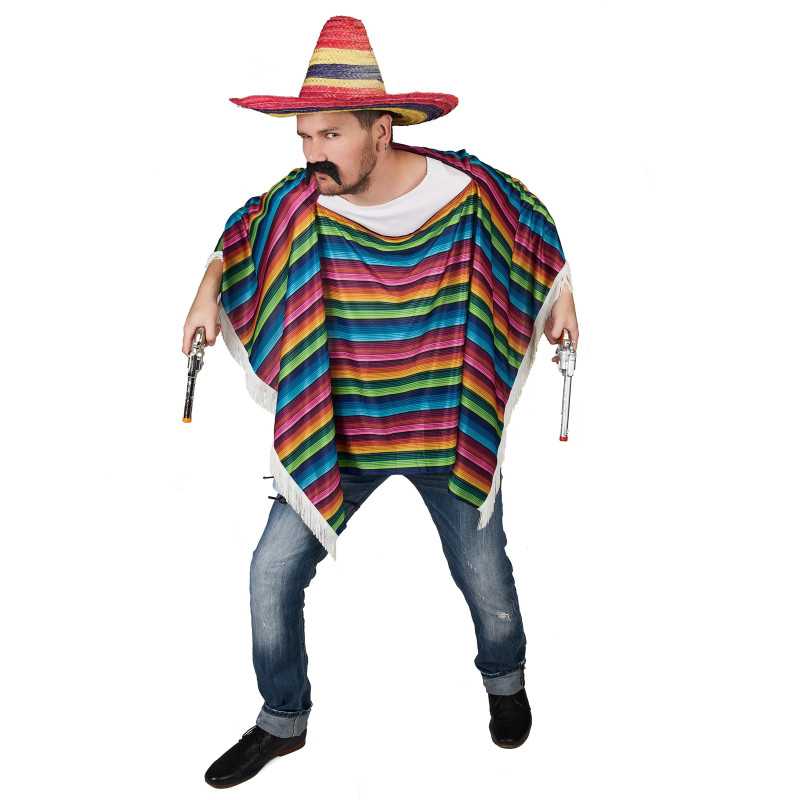 Poncho de Mexicain multicolore à  franges adulte