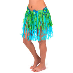 Jupe hawaïenne courte verte et bleue avec fleurs adulte Jadeo