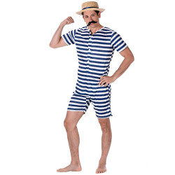 Déguisement Maillot de bain rétro rayé bleu et blanc homme Jadeo