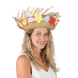 Chapeau Paille Hawaïen Beige avec Fleurs Adulte PtitClown