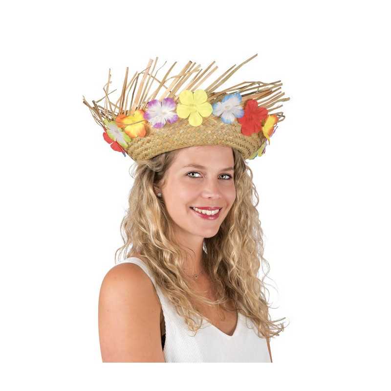 Chapeau Paille Hawaïen Beige avec Fleurs Adulte