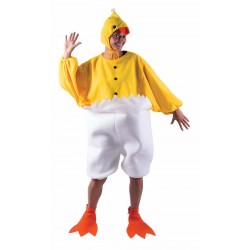 Ce déguisement de poussin jaune et blanc pour adulte est composé d'une tunique, d'un chapeau et d'une paire de pieds.