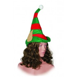 Ce chapeau d'elfe du père-noel est bicolore rouge et vert à rayures avec un pompon blanc et deux oreilles beiges d'elfe (une de chaque côté du bonnet).