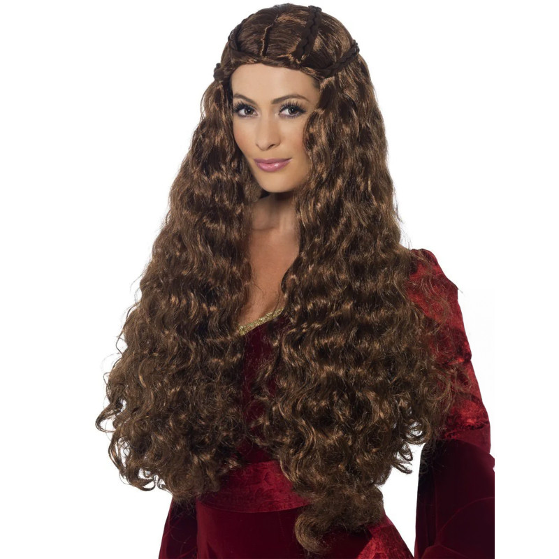 Perruque longue princesse m√©di√©vale marron femme  