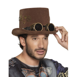 Chapeau haut de forme marron rouages lunettes Steampunk adulte  