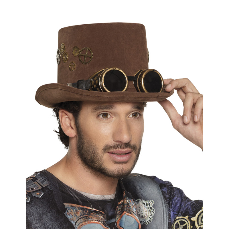 Chapeau haut de forme marron rouages lunettes Steampunk adulte  