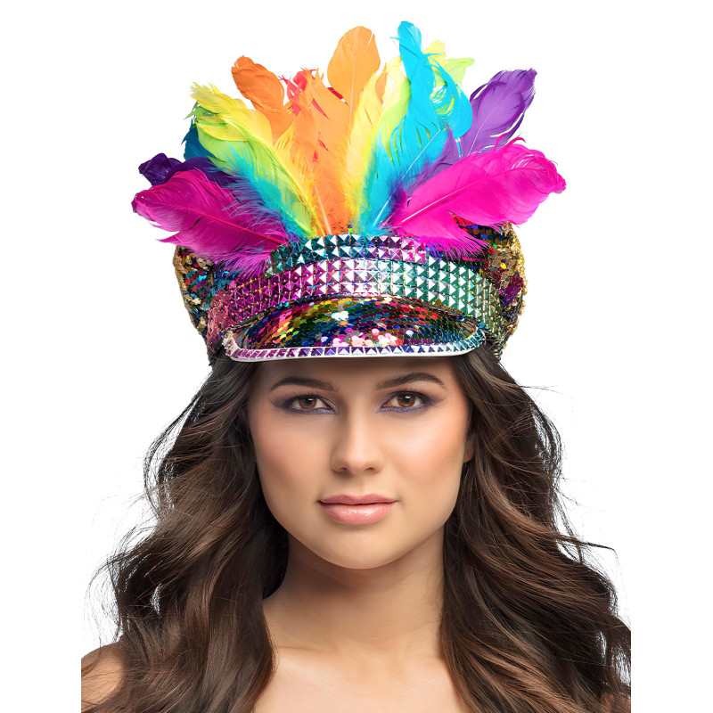 Casquette Arc-en-ciel avec sequins et plumes  adulte  