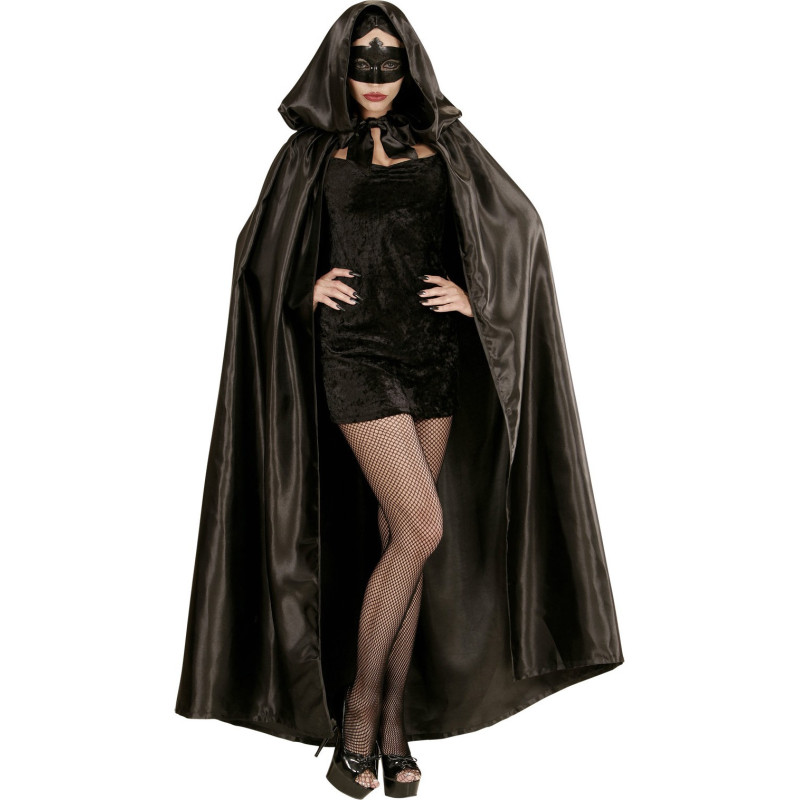Cape √† capuche noire satin√©e adulte  