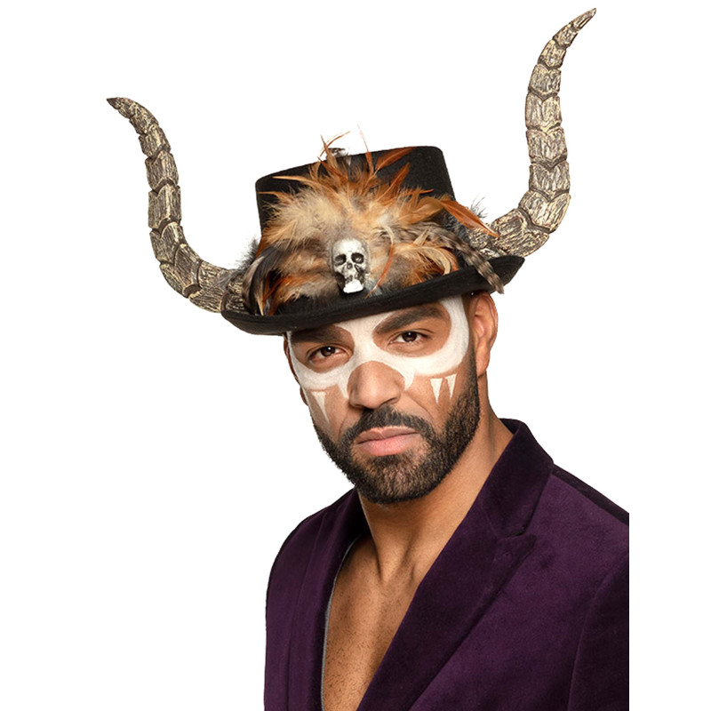 Chapeau vaudou avec cornes et plumes adulte  