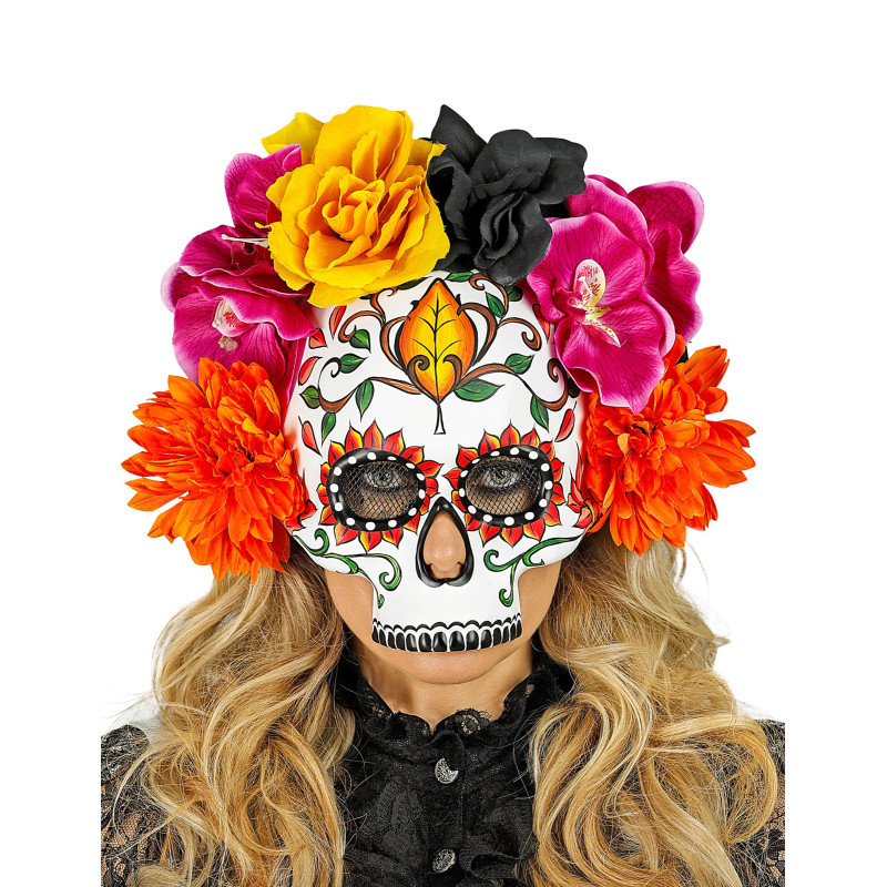 Demi masque cr√¢ne avec fleurs color√©es adulte  