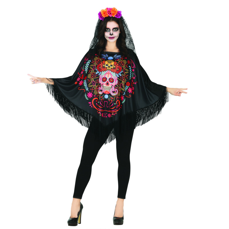 Poncho squelette color√© Dia de los muertos adulte  