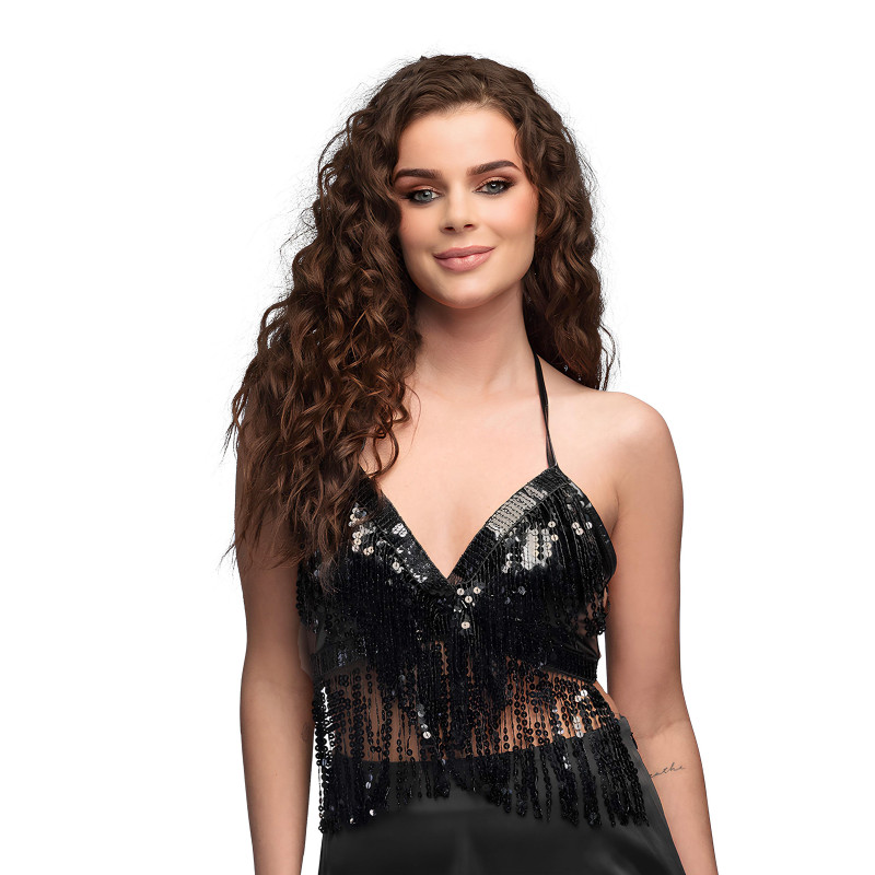 Top noir avec franges et sequins femme  