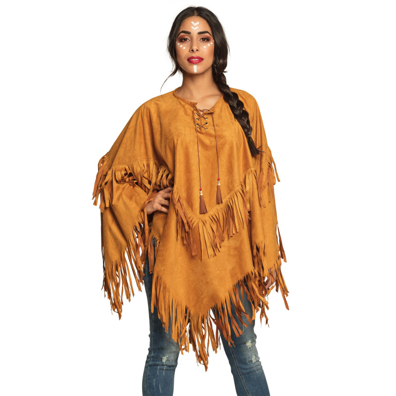 Poncho indien √† franges marron femme  
