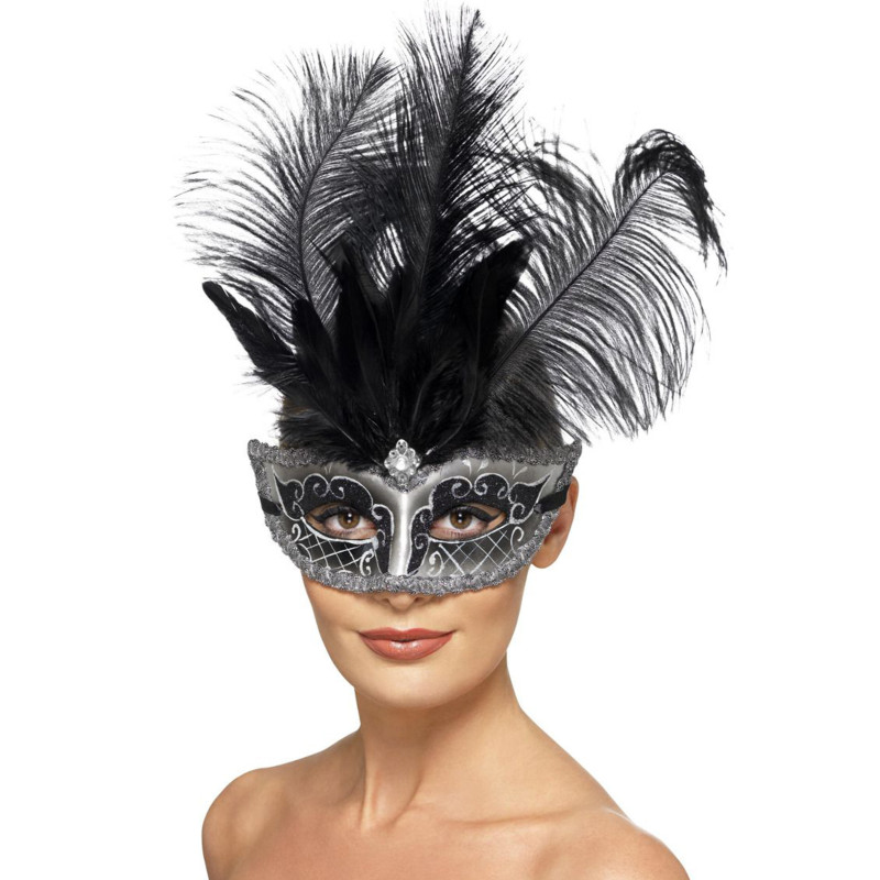 Masque Colombine v√©nitien gris avec plumes adulte  