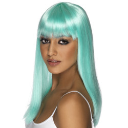 Perruque longue bleue turquoise √† frange femme  