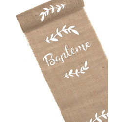 Chemin de table en toile de jute bapt√™me et feuillages 5 m  