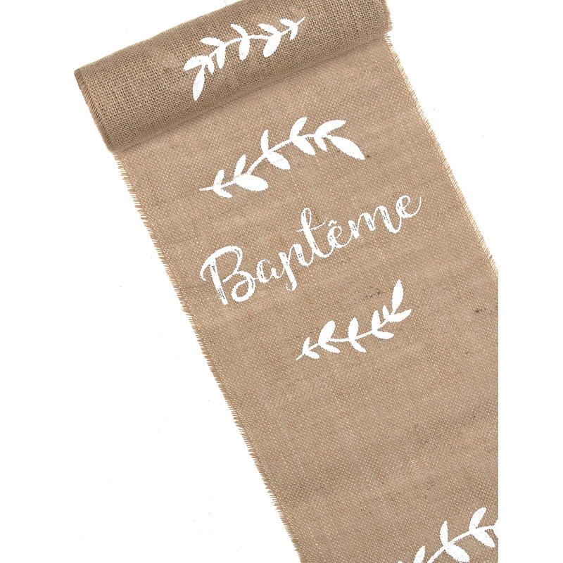 Chemin de table en toile de jute bapt√™me et feuillages 5 m  