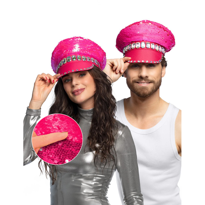 Casquette √† sequins r√©versibles rose fluo adulte  