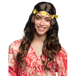 Perruque longue marron avec bandeau fleurs femme  