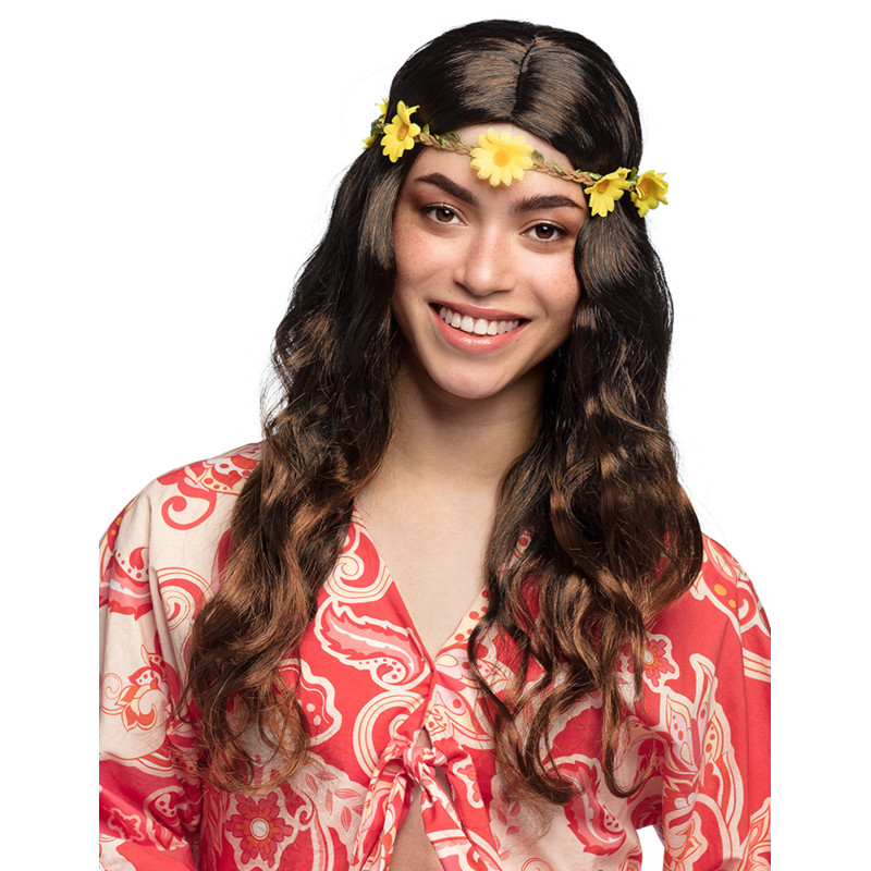 Perruque longue marron avec bandeau fleurs femme  