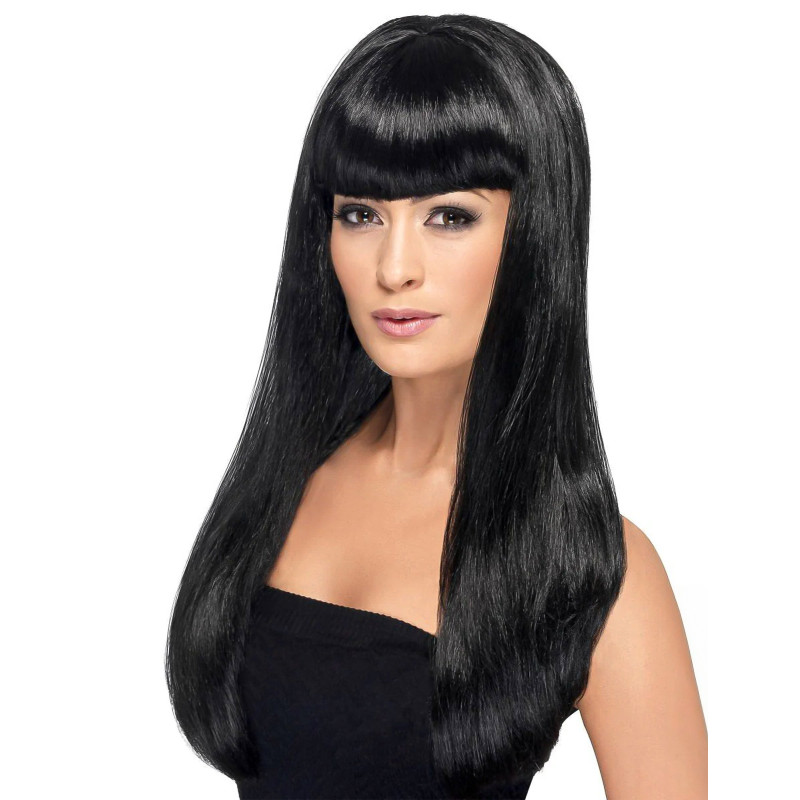 Perruque longue noire √† frange femme  