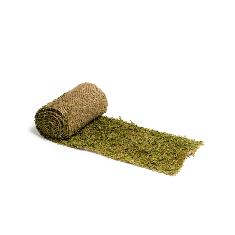 Chemin de table v√©g√©tal en tissu blanc et mousse naturelle 20 cm x 2 m  
