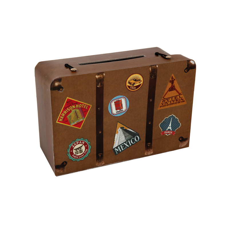 Tirelire en carton voyage urne valise vintage 24 x 16 x 10 cm  