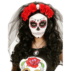Coiffe fleurs rouges avec t√™te de mort femme Dia de los muertos  