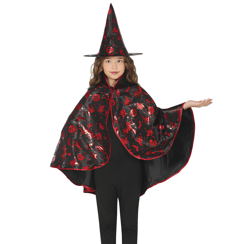 Kit cape et chapeau de sorci√®re noir et rouge enfant  