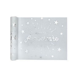 Chemin de table intiss√© anniversaire blanc et argent √©toiles 5m x 30 cm  