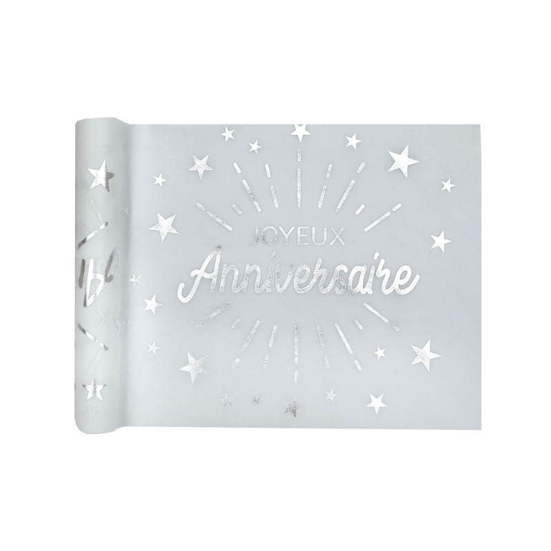 Chemin de table intiss√© anniversaire blanc et argent √©toiles 5m x 30 cm  