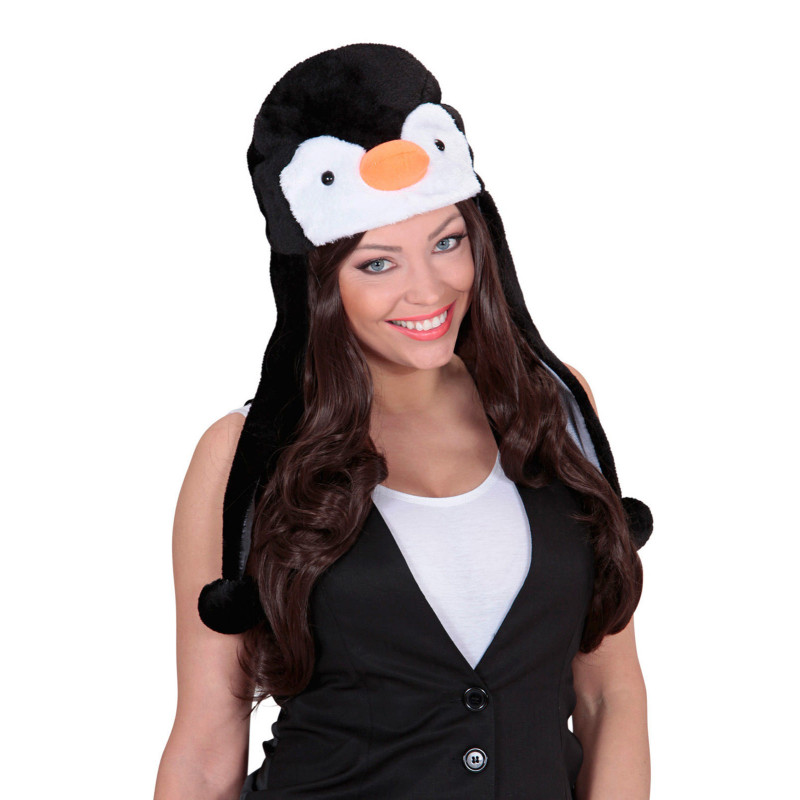 Chapeau Pingouin en peluche noire et blanc  