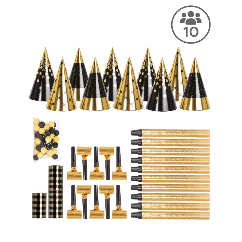 Kit cotillons noir et dor√© 10 personnes  