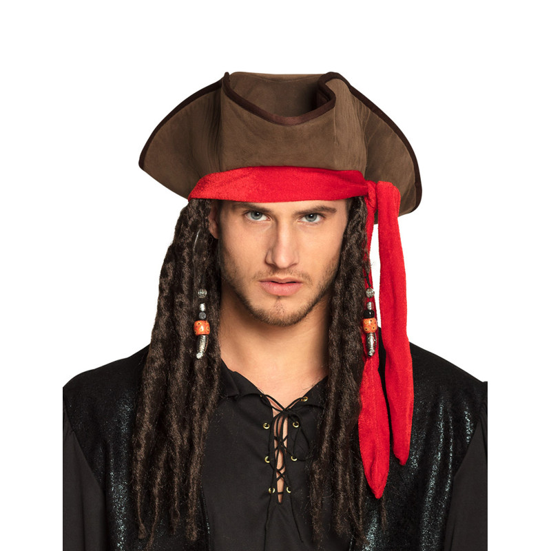 Chapeau pirate marron avec perruque adulte  