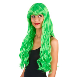 Perruque longue ondul√©e Vert fluo avec frange femme  