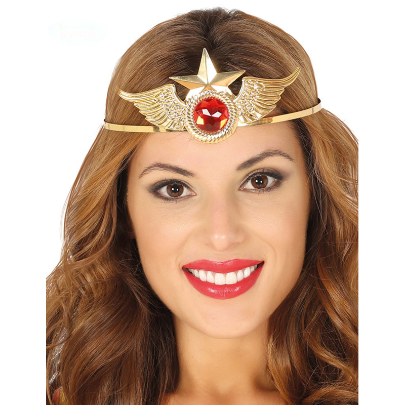 Serre-t√™te m√©tal or avec pierre rouge super h√©ro√Øne femme  