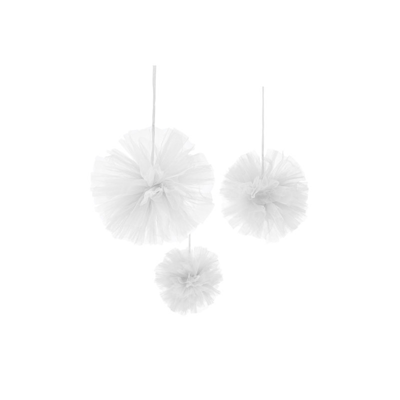 3 Pompons √† suspendre en tulle blanc 15, 20 et 30 cm  