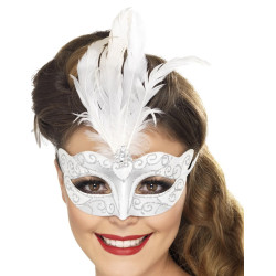 Loup v√©nitien argent√© avec plumes blanches adulte  