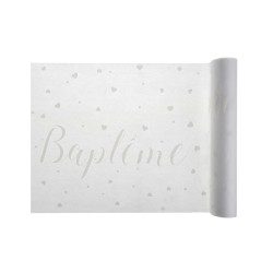 Chemin de table intiss√© bapt√™me blanc √† c?urs gris 30 cm x 5 m  