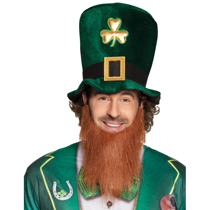 Chapeau haut de forme tr√®fle dor√© adulte avec barbe Saint Patrick  