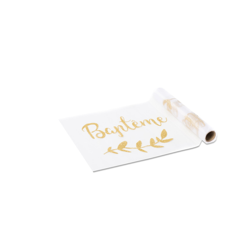 Chemin de table en organza bapt√™me paillettes dor√©es 28 cm x 5 m motifs laurier  