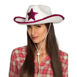 Chapeau de cowgirl blanc avec √©toiles √† sequins rose  