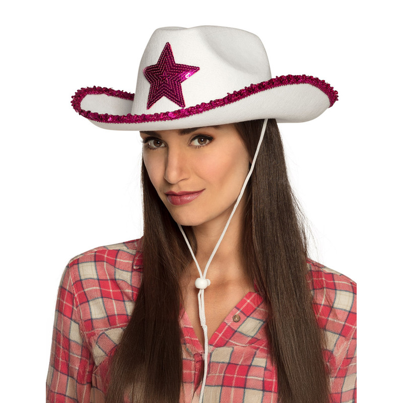 Chapeau de cowgirl blanc avec √©toiles √† sequins rose  