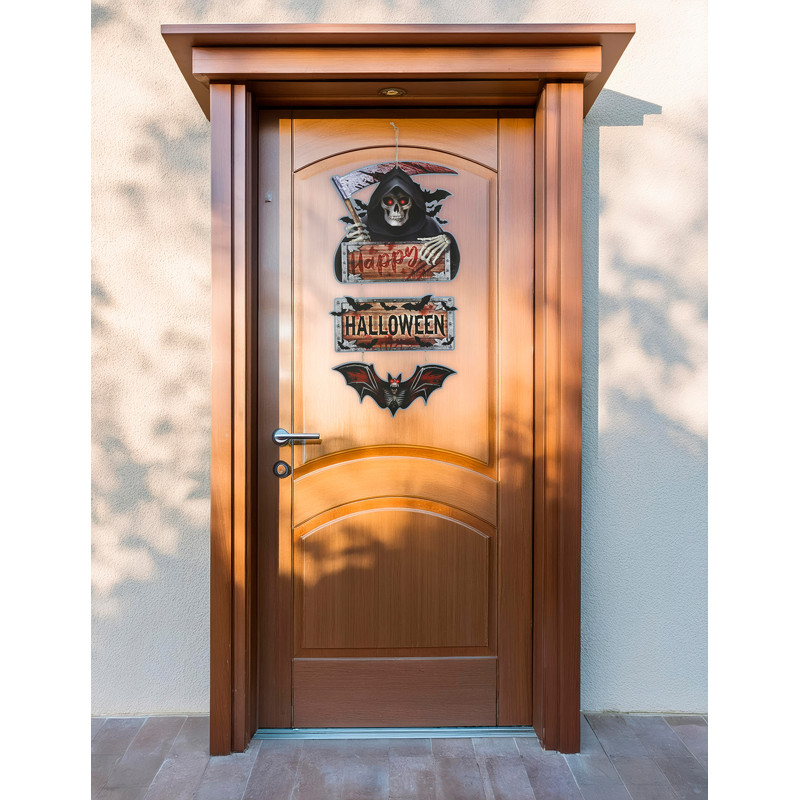 Pancarte Happy Halloween faucheuse en bois 60 cm  