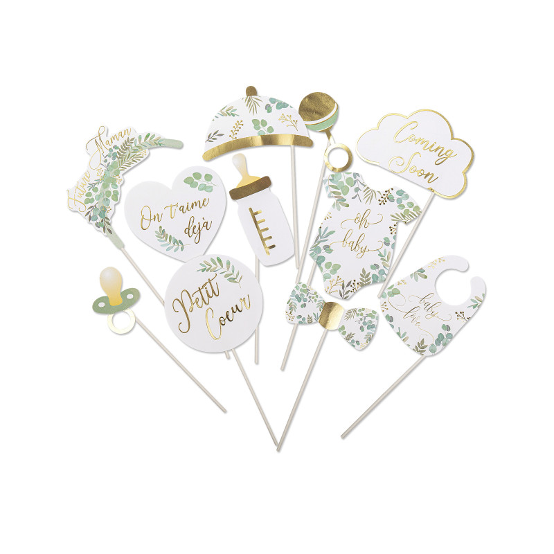 Kit photobooth 11 accessoires oh baby eucalyptus dorure et or pour baby shower  
