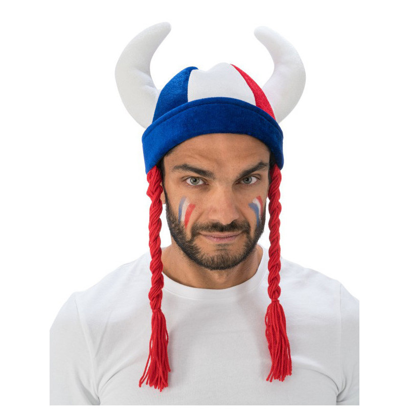 Casque gaulois cornes et tresses bleu blanc rouge  