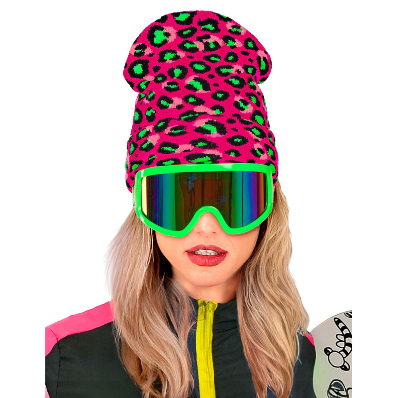 Bonnet l√©opard rose et vert fluo adulte  